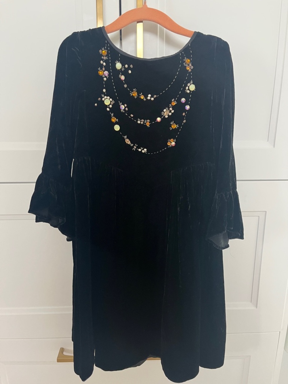 Bonpoint Black Velvet Dress with Embellished Neckline